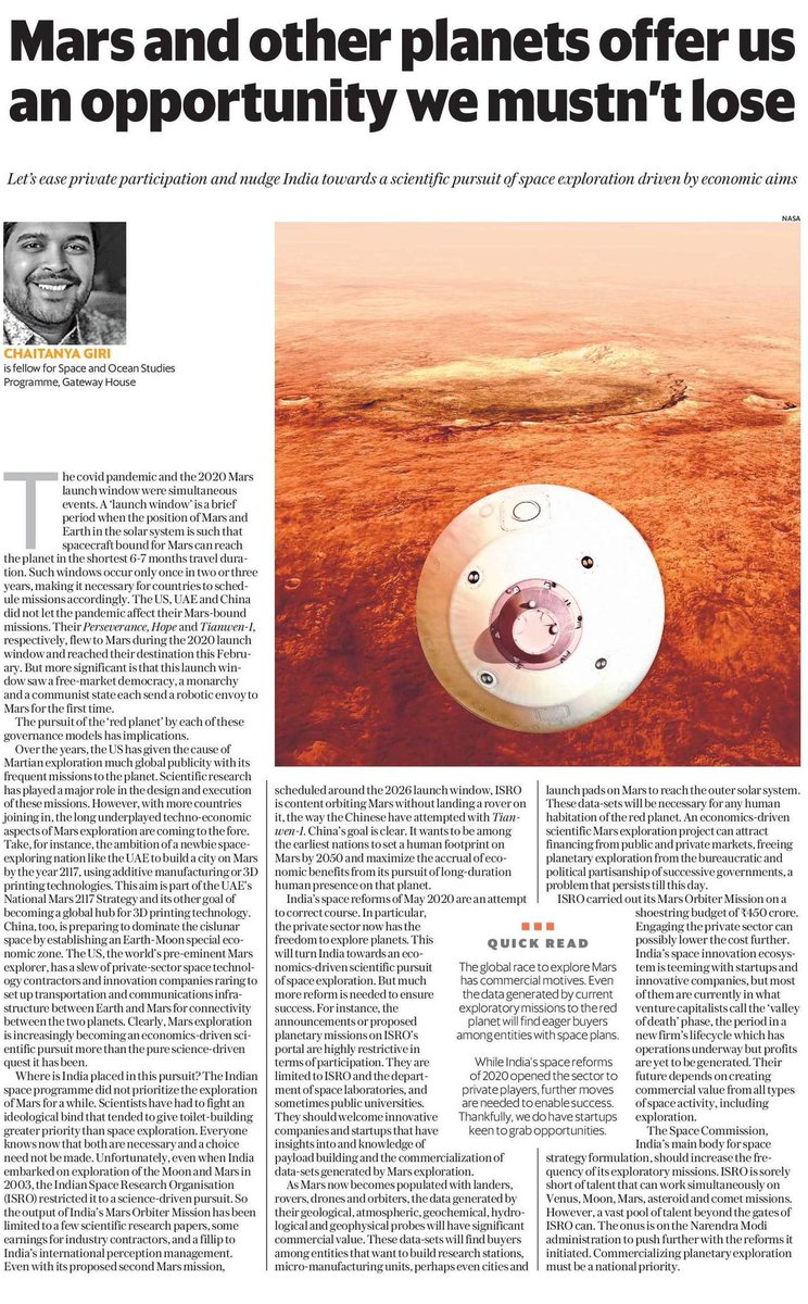 GatewayHouseIND's tweet image. #DidYouKnow: The #Mars launch window saw a democracy, monarchy &amp;amp; communist state, each sending a rover to the red planet

@girichaitanya19 writes in @livemint how India must work towards a scientific pursuit of space exploration driven by economic aims: bit.ly/3srfz5q