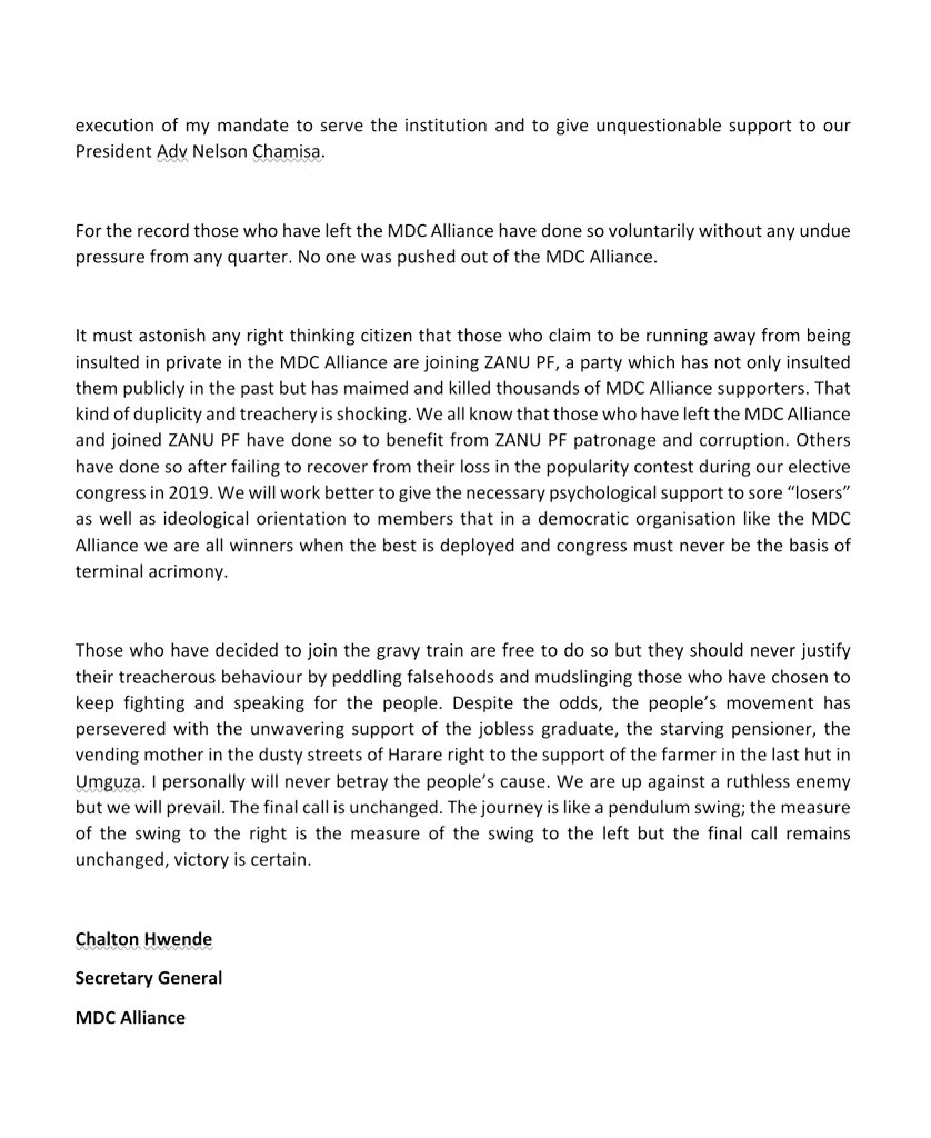 hwendec's tweet photo. My statement regarding utterances by our erstwhile colleagues who recently joined ZANU PF. https://t.co/VYcgIyl0Jr