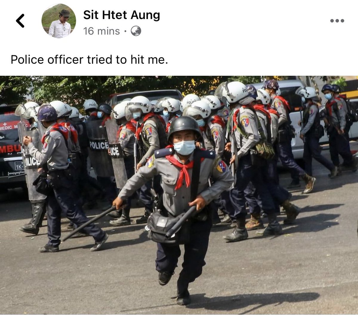 The photo was shot by Sit Htet Aung showing #Myanmar Police forces brutally arresting civilians. 

#WhatsHappeninglnMyanmar #CrimesAgainstHumanity