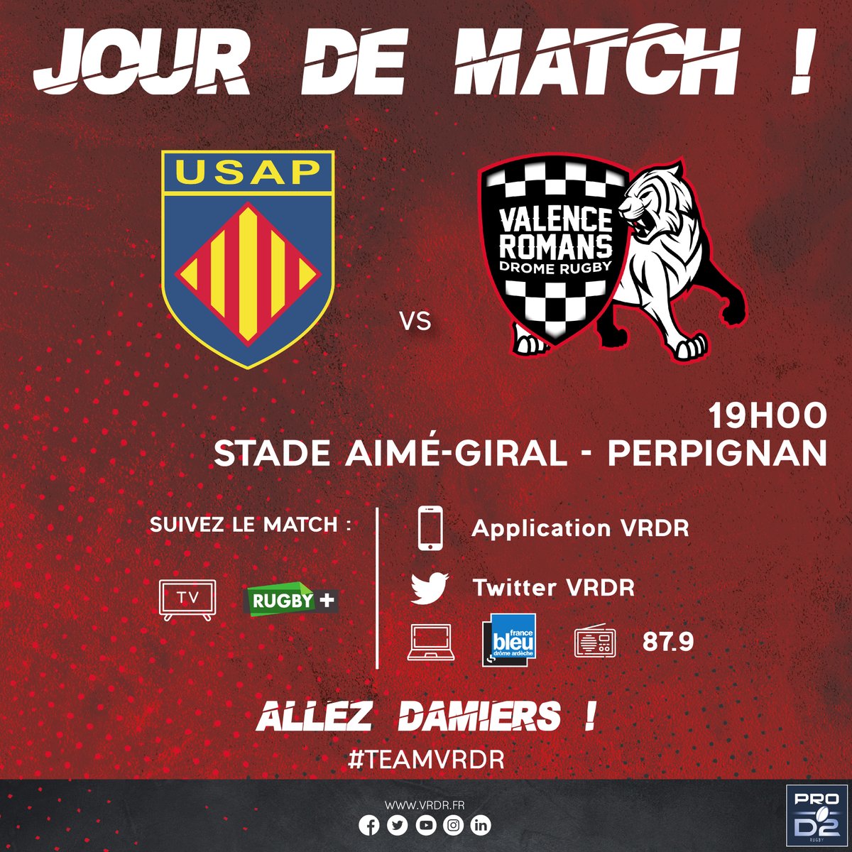 🔥 JOUR DE MATCH 🔥

Les Damiers affrontent l'<a href="/usap_officiel/">USAP</a> pour la J21 de 
<a href="/rugbyprod2/">Rugby PRO D2</a> !

🕖 À 19h00
🏟 Stade Aimé-Giral - Perpignan (huis clos)

 ➡️ Suivez le match ici :

📲 Application VRDR
🐦 Twitter VRDR
📺 Rugby+ 
💻 @francebleuDA / 📻 87.9 FM

#ALLEZDAMIERS #USAPVRDR
