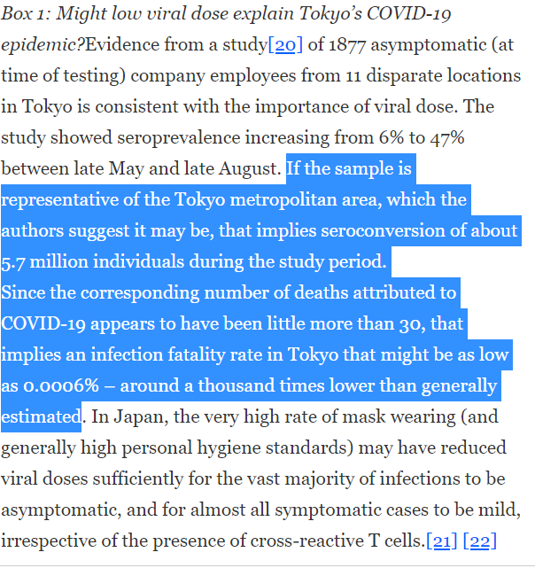 21/EExamples of what I critiqued from those using a Tokyo study w/ non-representative sampling [ https://www.twitter.com/AtomsksSanakan/status/1365177417023774720]: https://www.twitter.com/carlheneghan/status/1309558504307544064 https://www.twitter.com/MonicaGandhi9/status/1335747616148127745 https://www.twitter.com/dwallacewells/status/1308855749821554689 https://www.twitter.com/AlexBerenson/status/1308798932097658881 https://www.twitter.com/MLevitt_NP2013/status/1308979101215096834Nic Lewis: https://judithcurry.com/2020/10/14/t-cell-cross-reactivity-and-the-herd-immunity-threshold/
