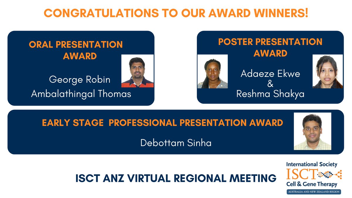 Congratulations to all award winners for ISCT ANZ 2021 Regional meeting. A remarkable clean sweep by @QIMRBerghofer  @ISCTglobal @ISCT_ESP @debottam_sinha @ReshmaShakya @celltherapynews @CellTherapies_