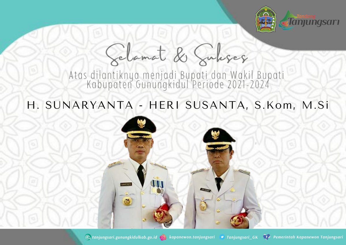 Tanjungsari_GK's tweet photo. Selamat &amp; Sukses atas dilantiknya Bp. H. Sunaryanta &amp; Bp. Heri Susanta, S.Kom, M. Si sebagai Bupati &amp; Wakil Bupati Gunungkidul Periode 2021-2024
#gunungkidul #tanjungsaritandang https://t.co/AoutFdRNpw