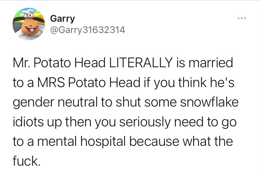 TheMichaelMoran's tweet photo. The word LITERALLY there implies the existence of a Reverend Potato Head, and a minimum of at least two potato witnesses. Quite possible an entire Potato religion and social structure of which we had been hitherto unaware. https://t.co/D6iWIM5XT5