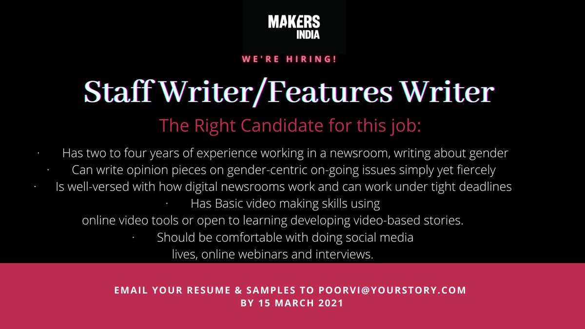 MasalaBai's tweet photo. MAKERS India is looking for a full-time #featureswriter
Contact poorvi@yourstory.com for details.

#jobs #sisterhood https://t.co/pbqSQ8ETiu