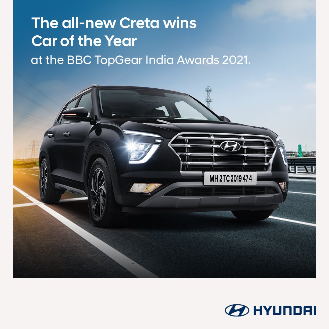 HyundaiIndia's tweet photo. Awarded Car of the Year at the BBC TopGear India Awards 2021, the all-new CRETA truly is the ultimate SUV. #Hyundai #AllNewCRETA #HyundaiSUV #UltimateSUV #BBCTopGear @TopGearMagIndia https://t.co/RfP4qIiPbP