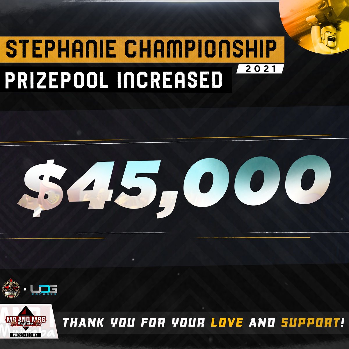 esports_udg's tweet photo. Just when things couldn't get more exciting...
The total prizes for Stephanie Championship 2021 got hiked to a massive 45,000 USD !!! #ClashOfClans
@StephanieDrM1
#keepclashing
#stephaniechampionship2021 https://t.co/aRmouanVZ6