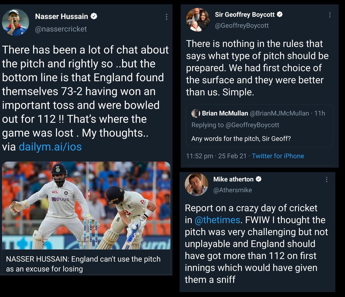 WasimJaffer14's tweet photo. Completely agree with @nassercricket, @GeoffreyBoycott &amp; @Athersmike. Eng were 73-2 after winning the toss on a pitch where 250 would have been a really good score. That they were all out for 112 was primarily due to poor technique/approach. That's where match was lost. #INDvsENG https://t.co/T5q5xtNA27