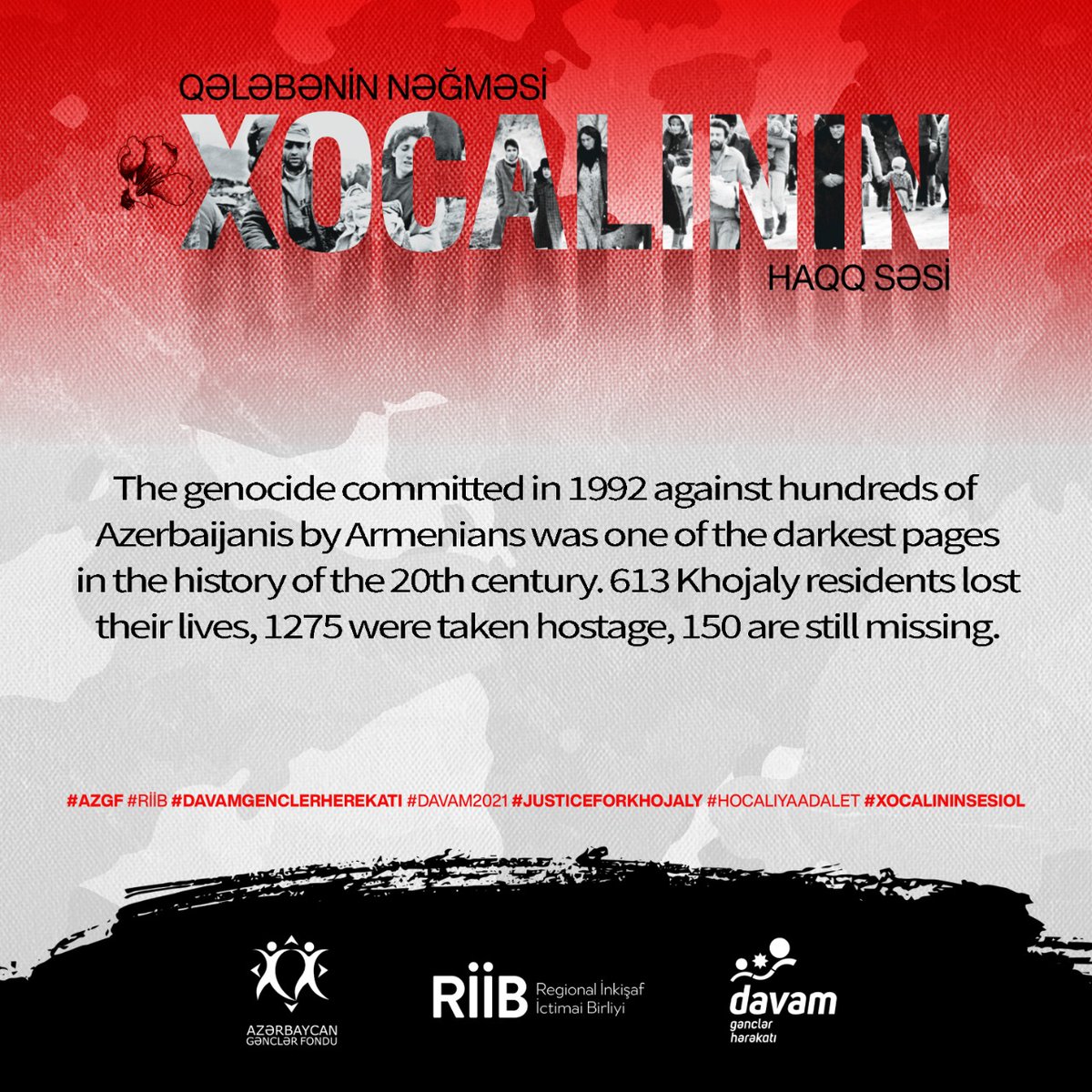 Khojaly district was established on the basis of the Askeran District of the Nagorno-Karabakh Autonomous Oblast in 1991. It was occupied by Armenian forces in 1991–1992. #JusticeForKhojaly
#davam2021
#AzGF 
#RİİB
#davamgenclerherekati
#hocalıyaadalet
#xocalınınsesiol