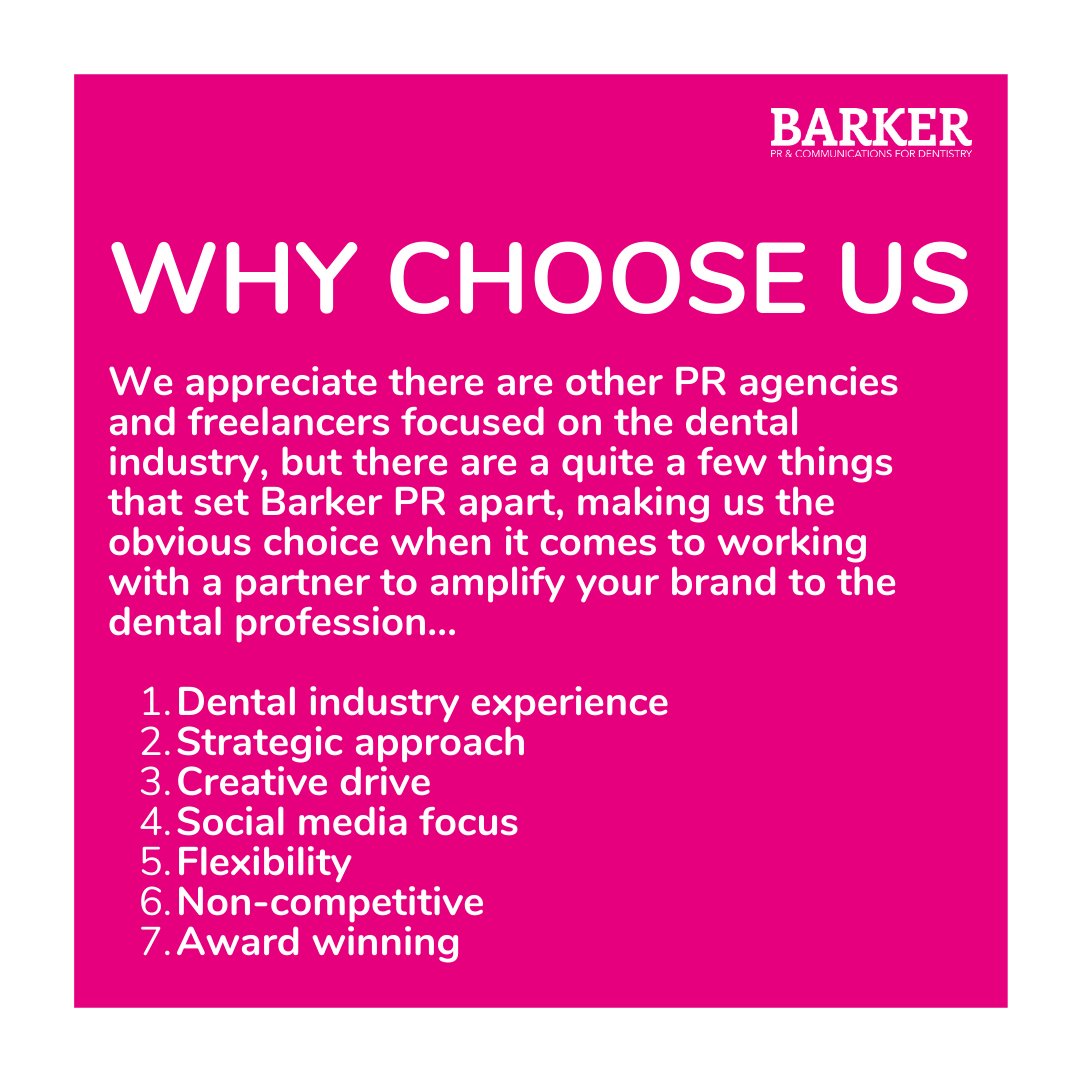 WHY CHOOSE US⁣
⁣
So what sets Barker PR head and shoulders above the rest? Our experience, knowledge and creative drive - of course!⁣
⁣
#BarkerPR #PRAgency #Marketing #SocialMediaManagement #PublicRelations #Dentistry #DentalMarketing #Dental