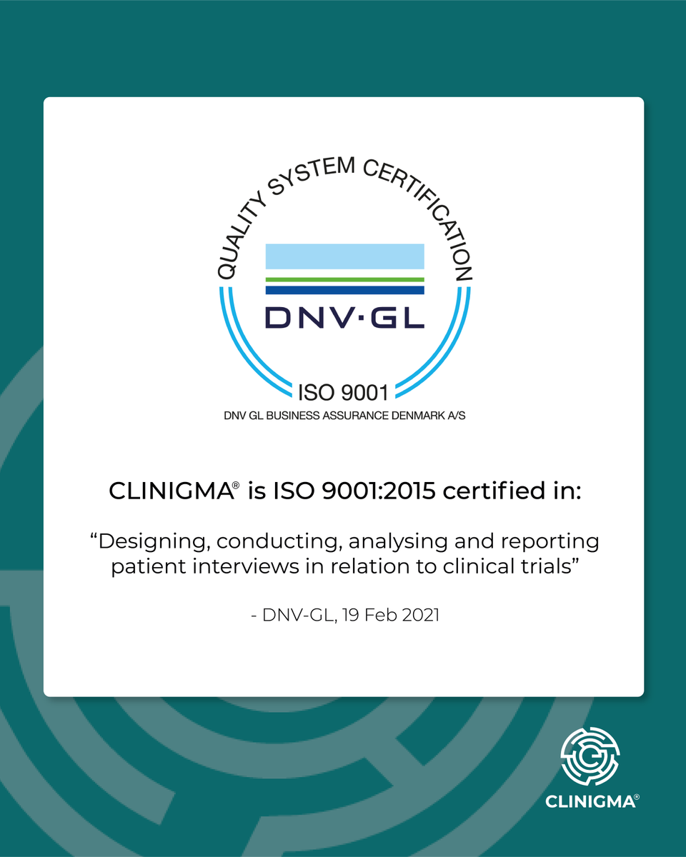 clinigma's tweet photo. Clinigma is now ISO 9001 certified!
Because the patients' voice in clinical trials is important and should be captured in a correct and safe manner – every time!
Click below to read more. 
https://t.co/FIS1jVNqDl https://t.co/xfUmdd178s
