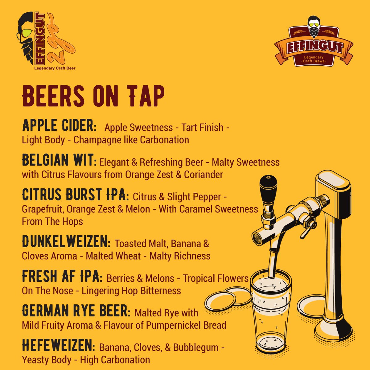 effingut's tweet photo. Your Effin' favorite crew is back with your Effin' favorite brews. Check out these favorite picks for these amazing Beers - back on Tap! 🍺

Visit our Pubs or #Effingut2Go outlets, order your favourite craft beer online via https://t.co/sqXp6k85jU

 #CraftBeer #Pune #Mumbai https://t.co/9ZvkRHIMVi