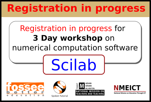 FOSSEE's tweet image. Registrations are in progress for the upcoming #workshop on @Scilab.
For registration and more details, visit bit.ly/2ZYw4tn. Get an opportunity to learn the basics of #computation from the experts of @iitbombay.
#numericalcomputation #algorithmdevelopment #toolbox