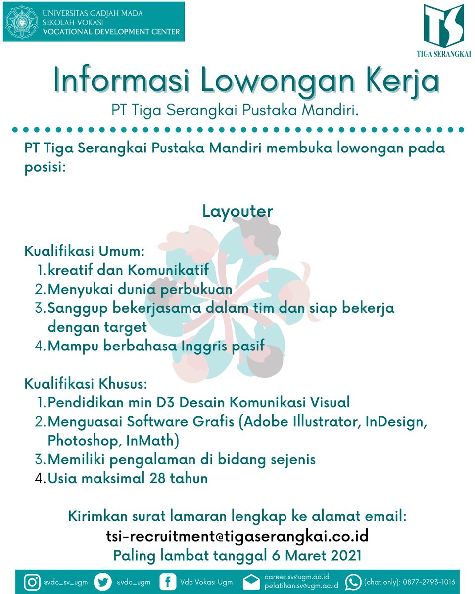 [Lowongan Pekerjaan]
PT Tiga Serangkai Pustaka Mandiri membuka lowongan Layouter. 
Daftarkan dirimu dengan mengirim berkas lamaran lengkap ke email:
tsi-recruitment@tigaserangkai.co.id
#karir2021 #rekrutmen2021 #lowker2021