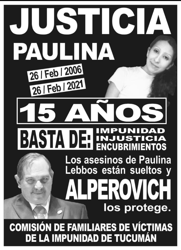 A 15 años del impune femicidio de Paulina Lebbos acompañamos a <a href="/ALBERTO0809/">ALBERTO LEBBOS #26F</a> en su pedido de justicia y exigimos se investigue y se condene a los autores de este brutal crimen #JusticiaParaPaulina