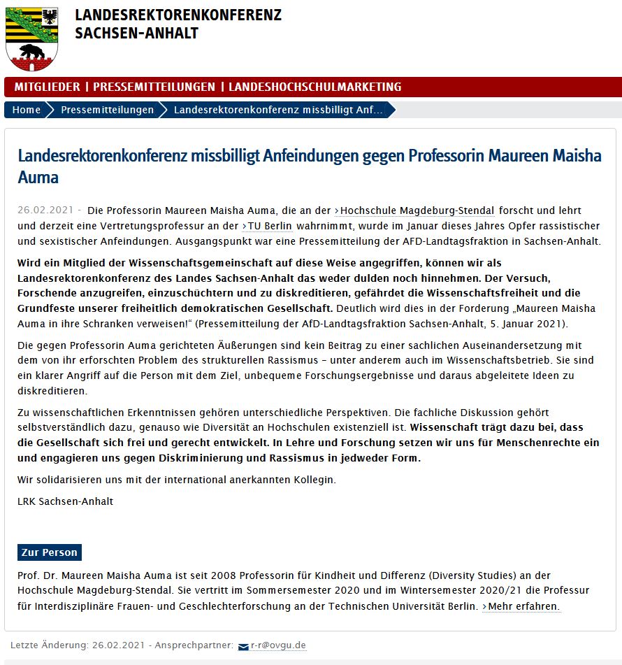 "Der Versuch, Forschende anzugreifen, einzuschüchtern und zu diskreditieren, gefährdet die Wissenschaftsfreiheit und die Grundfeste unserer freiheitlich demokratischen Gesellschaft." Solidaritätsadresse der LRK Sachsen-Anhalt für Prof. Maureen Maisha Auma. bit.ly/3dPKDba