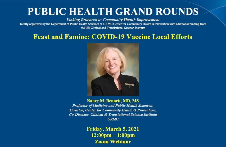 CCHP_URMC's tweet image. Next Friday: @drnanabennett, lead of the Finger Lakes #COVID19Vaccine Hub and co-chair of the #FLX COVID-19 Vaccine Task Force, will present "Feast and Famine: COVID-19 Vaccine Local Efforts" during Public Health Grand Rounds: bit.ly/3dOmT6Z @UR_Med @ROCRegional @UR_CTSI