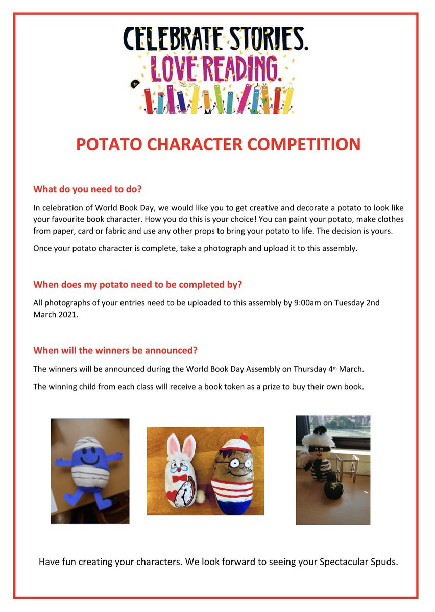 EmersonValley's tweet photo. Have you entered our Potato Character Competition yet? 🥔 The deadline is Tuesday! You could be in with a chance to win a book token! 📚 We are really looking forward to World Book Day Next Week! Have you organised your costume? 📚👑 #WorldBookDay2021 #WorldBookDay https://t.co/hfFRLeaIqY