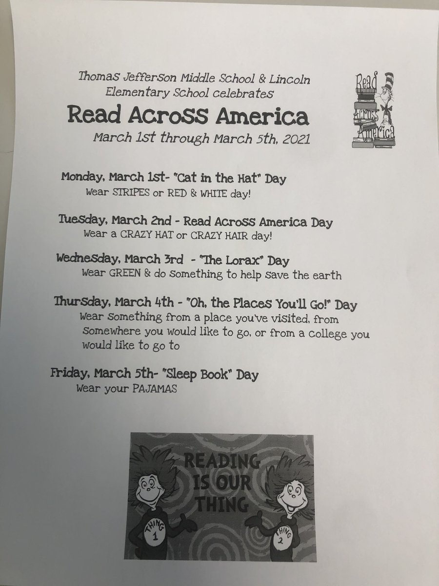 Principal Of Tj Please Join Us In Celebrating Read Across America Next Week With The Following Themed Spirit Days Also Please Click On The Attached Link To Join Our Newsletter