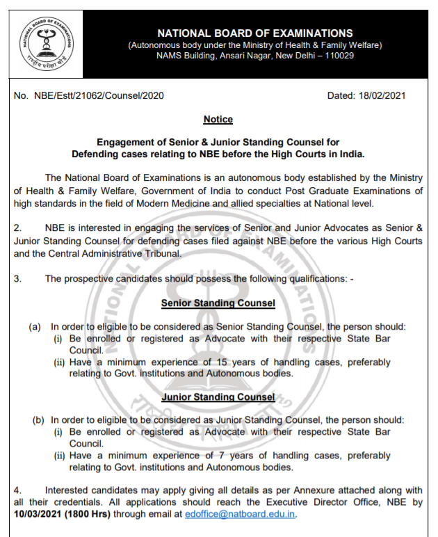 Association_DNB's tweet photo. Cases filed against #NBE are so less that they have to advertise for engagement of Lawyers in each HC. #MedicalReforms @PMOIndia @narendramodi @drharshvardhan @profplal @thePHFI @NITIAayog @NMC_IND @PTI_News @RemaNagarajan @IMAIndiaOrg @MedReporters @MoHFW_INDIA @ndtv https://t.co/WnreWRCyUk