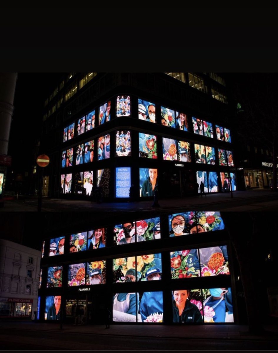AfineeTan's tweet photo. Paintings of my colleague @aedcetera was on the Flannel Billboard Oxford Circus last night! 🤩Featuring our Recovery redeployed NHS heroes and front liners working in ACCU! So very proud of her and all our NHS heroes👏👏👏🙏💐@RecoveryRlh @peri_team @RoyalLondonHosp @teamaccu https://t.co/iokxyOepV6