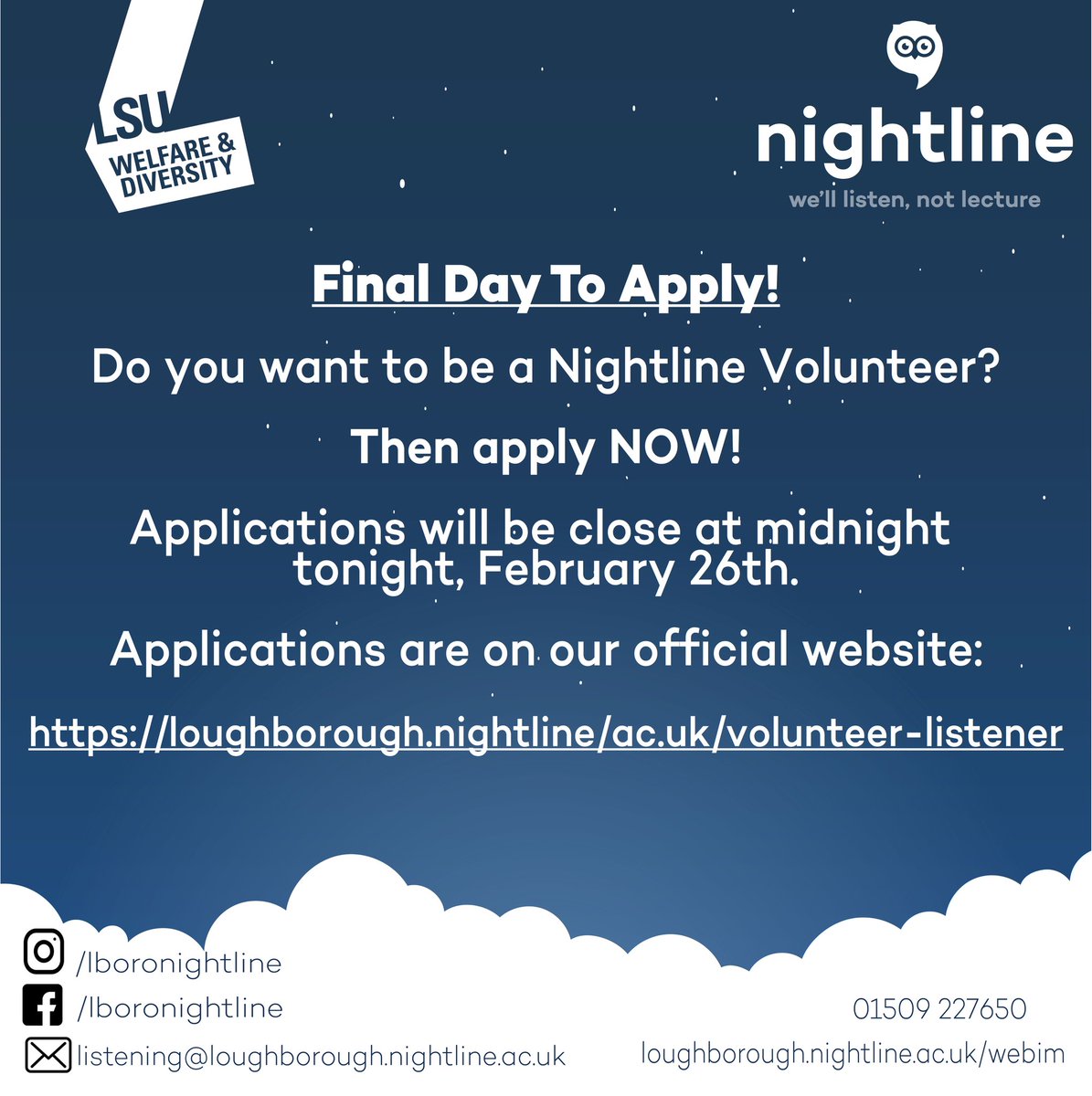 LboroNightline's tweet image. Final Day To Apply! 

If you would like to be a volunteer please submit an application form through our official website by midnight tonight:
loughborough.nightline.ac.uk/volunteer-list…