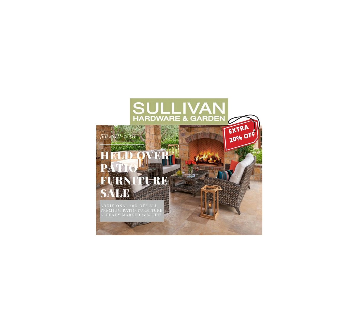 Held Over Patio Furniture Sale. Additional 20% OFF Already Preseason Priced at 30% OFF - Today thru Sunday. - mailchi.mp/sullivanhardwa…