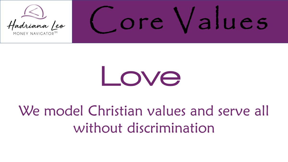 HadrianaL's tweet photo. Our 5th and final Core Value is our most profound and simplest. As an organization led by a marginalized woman, it is easy to spot the prejudices. We commit instead to Love.

#women #wealth #hadrianaleo #coach #moneynavigator #personalfinance #invesments #cashflow #speaker https://t.co/7MAOIOo3VD