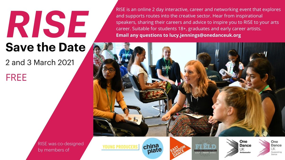 YourOldChina's tweet photo. Incoming National @CareersWeek! 18+ student, graduate or early career creative? Check out RISE: a FREE 2-day career &amp; networking event co-designed by our #YoungProducers, @_TheFIELD @EastLondonDance &amp; @OneDanceUK_Rep @onedanceuk https://t.co/0KyEbM56Oc #RISECreativeCareers #NCW21 https://t.co/HqUvlF0hlO