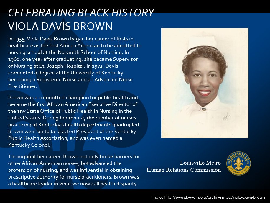 LouKYHRC's tweet photo. Viola Davis Brown, seen here as a fresh nursing grad in 1959, went on to achieve a fantastic list of firsts, and effectively changed the field of nursing in Kentucky. #BlackHistoryMonth https://t.co/wdlbmPR4mz