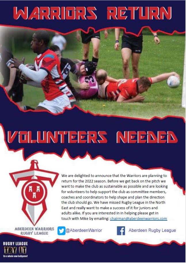 CLUBS | <a href="/AberdeenWarrior/">Aberdeen Warriors RL</a> Rugby League are looking for volunteers to join their committee and coaching team with a view to returning to action in 2022.