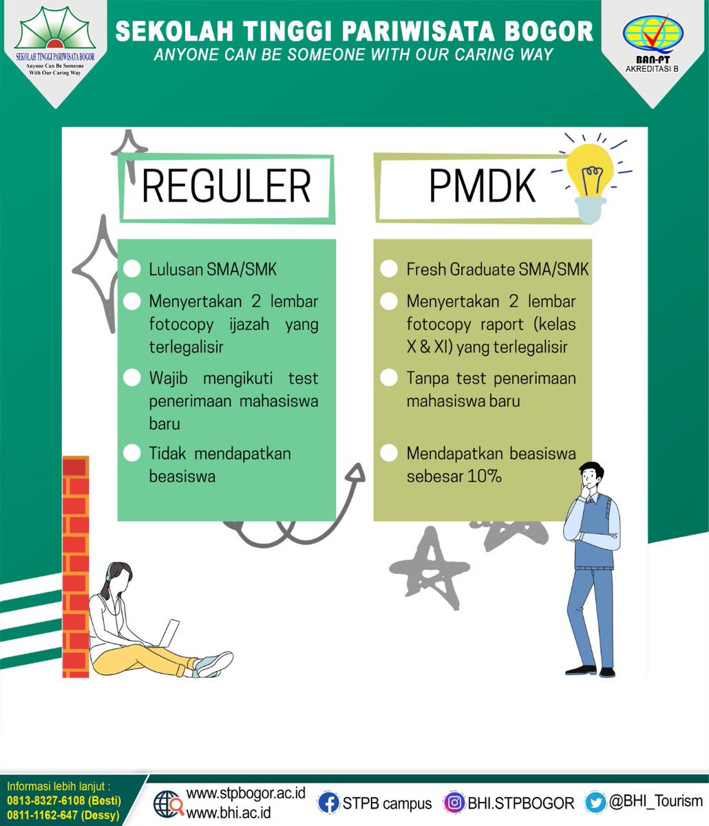 Jalur Pendaftaran Sekolah Tinggi Pariwisata Bogor 📨
Regular &amp; PMDK 🔈

Yuk Disimak Guys⚠️

Jangan lupa sebarkan agar teman-teman dan saudara kalian yang ingin bergabung di dunia pariwisata dan perhotelan tau guys 🎉

#salampriwisata #perhotelan #duniapriwisata #kemenparekraf