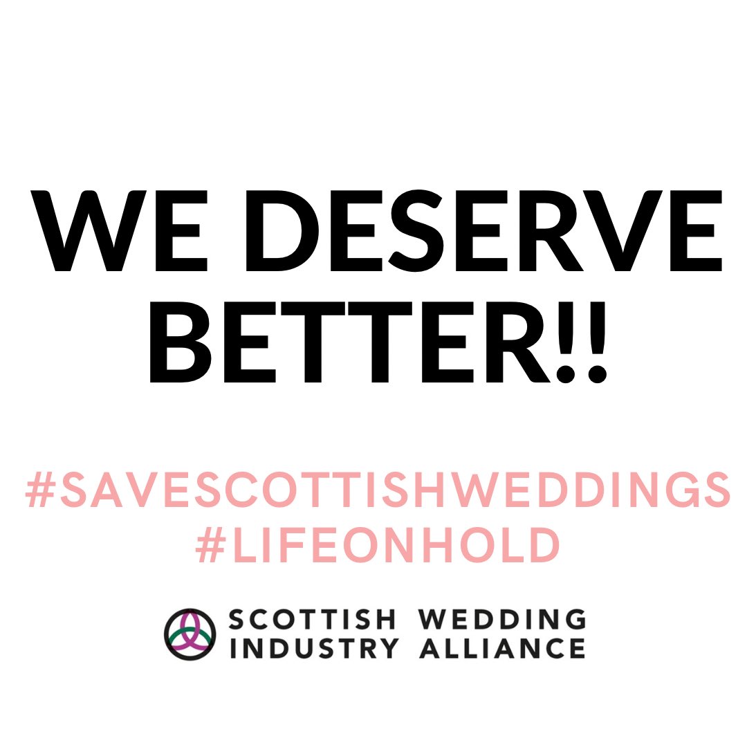 Our industry is losing 6.5 MILLION per day.
Couples are in tears.
We know everything is dependent on data to ensure safety for everyone which is totally understandable however our industry needs 3 months notice prior to opening
WE CANNOT WAIT ANY LONGER
<a href="/scotgov/">Scottish Government</a> <a href="/NicolaSturgeon/">Nicola Sturgeon</a>
