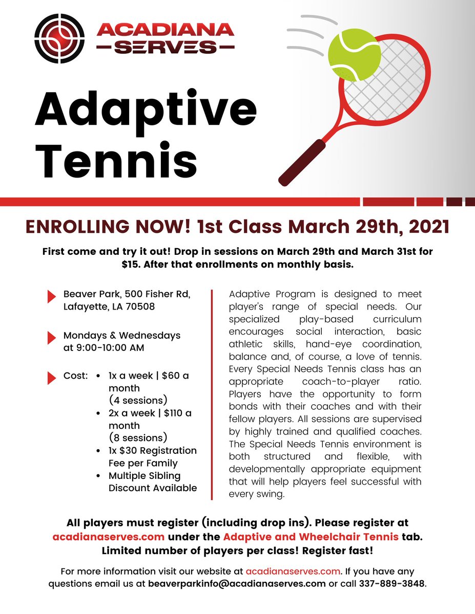 dreamsfound's tweet image. New Adaptive Tennis Lessons offered in March via Acadiana Serves. See flyer for details. #adaptability #wheelchair #tennis #specialneeds #disabilityinclusion #athletes #lafayette