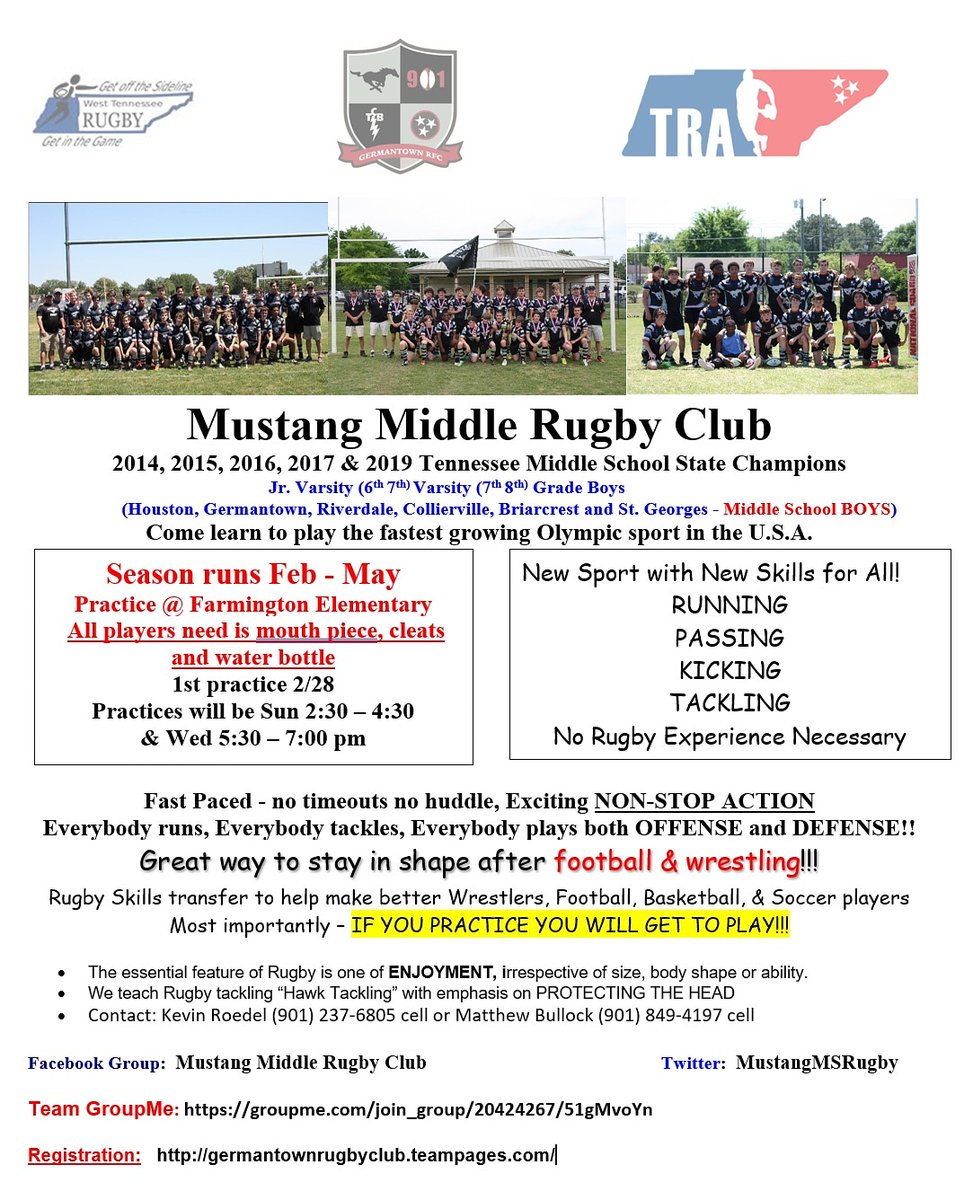 Middle school Rugby practice starts SUNDAY 2/28 2:30-4:30 at Highpoint Church Collierville 1035 East Winchester.  Get your player ready for fall football: Faster, Fitter, more Physical. <a href="/HHSMustangs/">HHS Mustang Football</a>  <a href="/YouAreHouston/">Houston Athletics</a> <a href="/gmsdk12/">Germantown MSD</a> <a href="/hmsmustangs1/">HoustonMiddleSchool</a> <a href="/RaidersSports1/">Riverdale Athletics</a> <a href="/RiverdalePTO/">Riverdale PTO</a> #901rugby