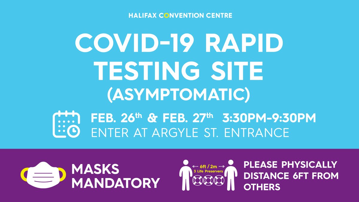 hfxconventions's tweet photo. TODAY AND TOMORROW: stop by and get an asymptomatic, rapid COVID-19 test. You'll get your results in 30mins! It's important to #TestToProtect our local community. 
👉3:30pm-9:30pm, Feb. 26 &amp; 27
👉Ages 16+
👉Bring/wear your mask https://t.co/tHBno7EwrJ