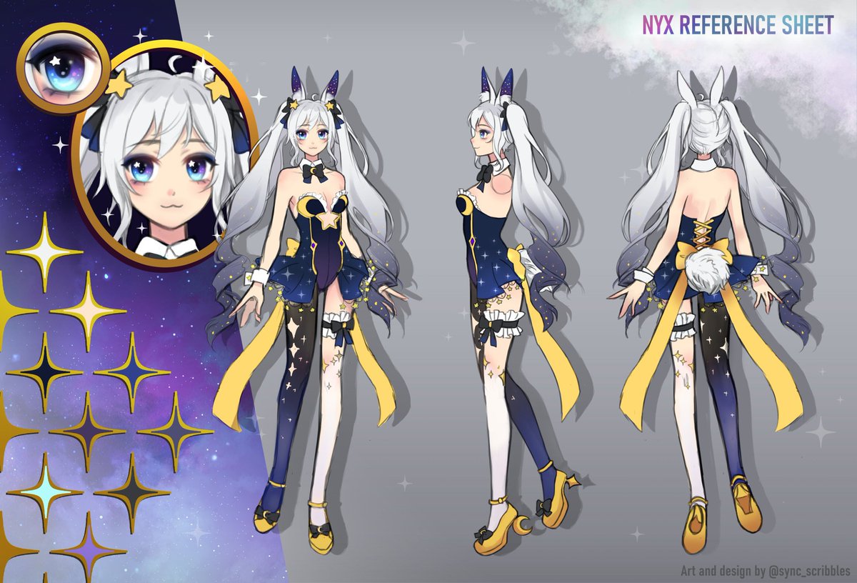 I haven't shown my reference sheet yet so here it is ✨
I'm Nyx Hoshizuki, a bunny girl born from stardust and moonlight. I enjoy graphic design, gaming, eating moon-shaped foods, and spreading positive energy~!・ﾟ✧

A BIG thank you to <a href="/Sync_scribbles/">Sync @ MOVED ACCOUNTS</a> for creating my design! 💖