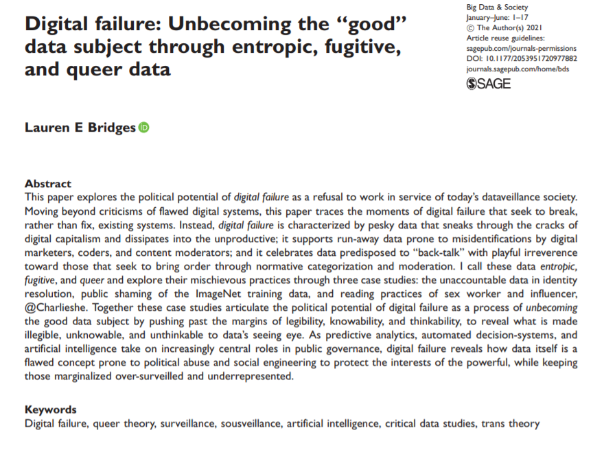 BigDataSoc's tweet photo. In a new paper on "digital failure", Lauren E. Bridges (@Laurenebridges) examines how queer resistance to normative big data categorizations can unlock political potential against the dataveillance society. https://t.co/sYJoPhTzNC #digitalfailure #surveillance #dataveillance https://t.co/s6YCKXRkiB