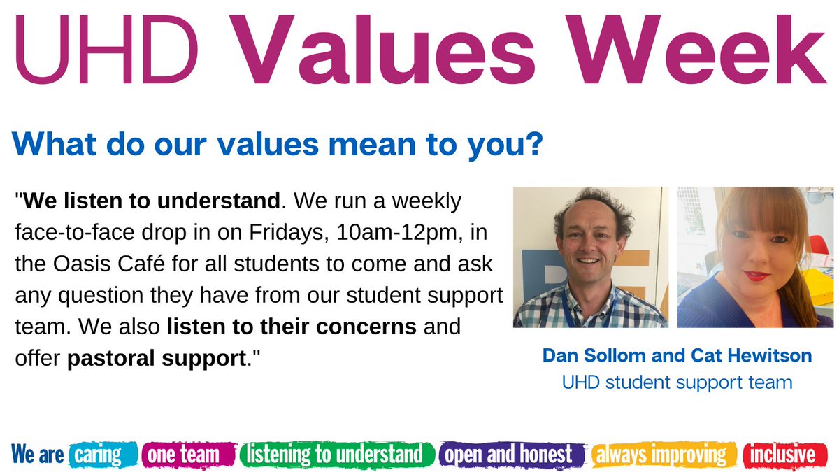 UHD_NHS's tweet photo. "We are respectful and take the time to listen, and take time to fully understand everyone." Listening to understand is a value we're proud to uphold. If you're a student at RBH today why not drop in to the Oasis Cafe and meet our friendly support team? #TeamUHD #UHDValuesWeek https://t.co/8dR7QdkLHY