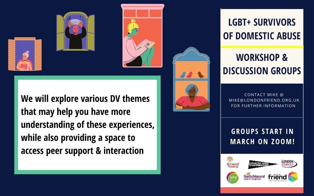 We are thrilled to share that new LGBT+ domestic abuse survivor workshops &amp; discussion groups are starting this March!

If you want to join a safe virtual space to connect, process past experiences, &amp; get #LGBT+ peer support, email mike@londonfriend.org.uk