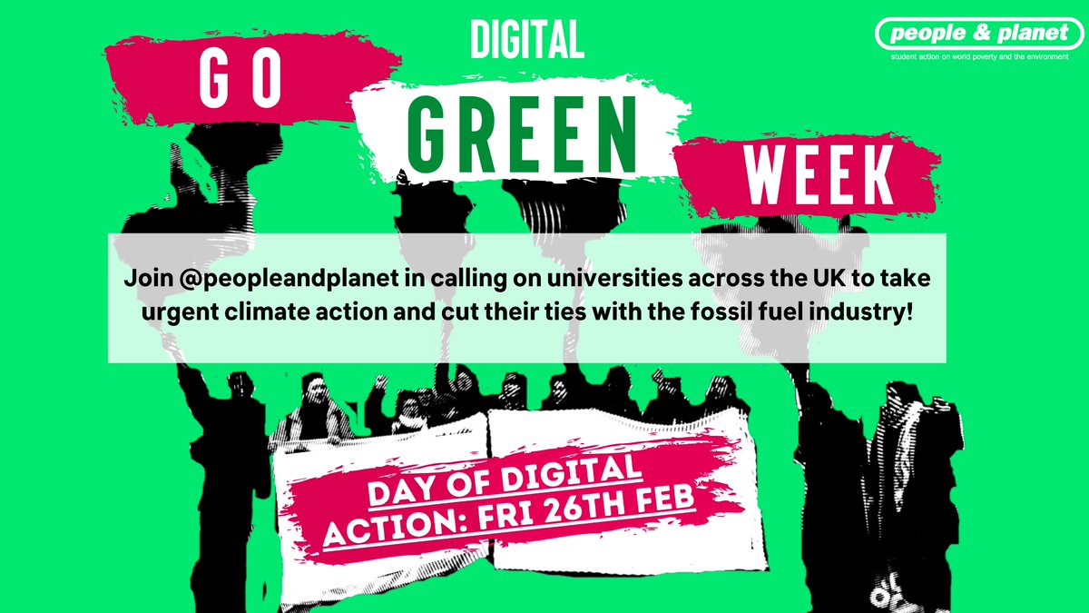 💥 DAY OF DIGITAL ACTION 💥

Today, students across the UK are calling on their universities to end their complicity in the climate crisis. 

Their actions will demand unis stop investing in fossil fuels + move away from dirty fossil fuel finance.

Exciting stuff - stay tuned ✊