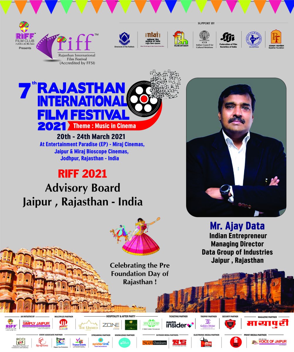somendraharsh's tweet photo. We the team of (RIFF) Rajasthan International Film Festival are pleased to welcome @ajaydata as a "Advisory Board Member" of the 7th RIFF - Rajasthan International Film Festival to be held in Jaipur & Jodhpur from 20-24th March 2021 ! #RIFF #RIFF2021 #jaipur #jodhpur #AjayData https://t.co/syXR8pCNmo