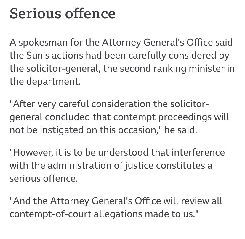 I had missed this. In yet further evidence of why the independent legal functions need separating from the hyper-partisan Attorney General’s Office, here we see it refusing to prosecute a government-supporting newspaper for a flagrant contempt of court.