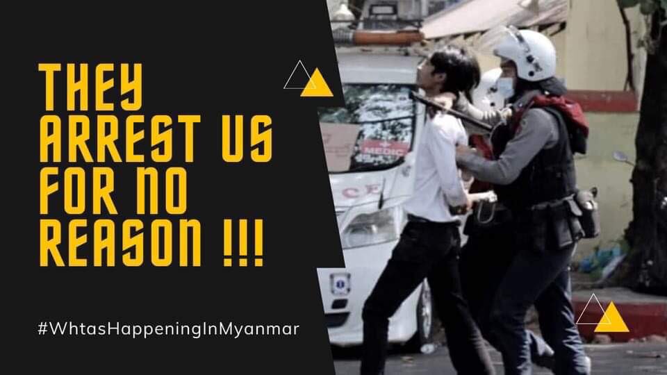BG_ICEICE's tweet photo. The Myanmar junta are abusing thier weapons &amp; power to supress the peaceful protesters. Also, the unarmoured civilians are now being arbitrarily arrested &amp; detained. We are not safe anymore !!!

#WhatsHappeningInMyanmar 
#Feb26Coup
#OpCCp https://t.co/zTqR0qY21U