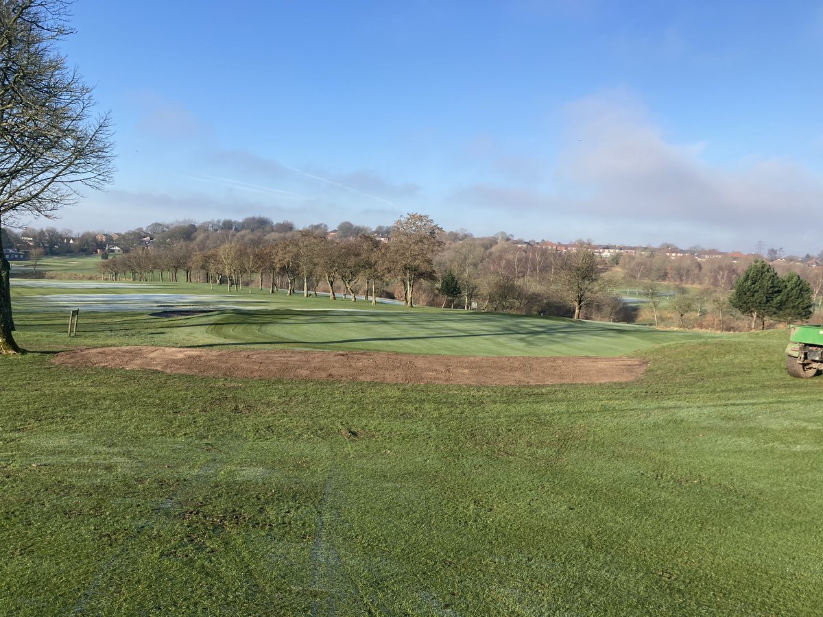 bgcgreens's tweet photo. 26/2/21 mound at back of first green ready for turf on Monday and will hopefully stop rain washing on the green.
May have to take hump off the bunker and green if not.
Behind 13th tee being cleared and soil to start filling in bunker on 12th green then reshape https://t.co/NGvqJhT7Kw