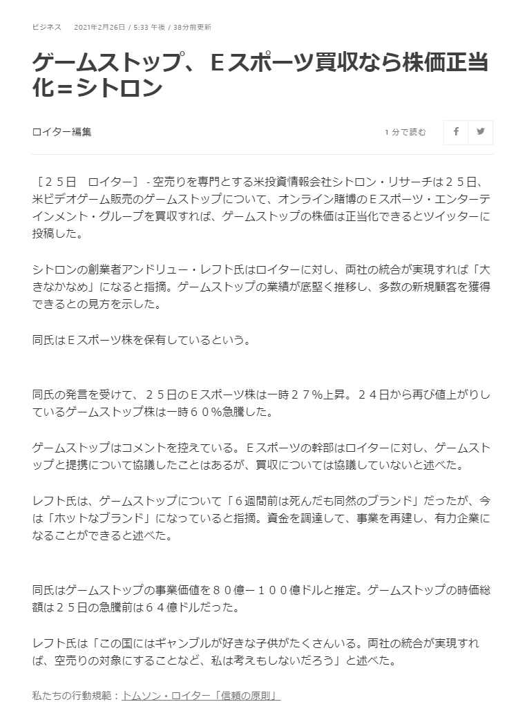 Sak On Twitter ゲームストップ ｅスポーツ買収なら株価正当化 シトロン Https T Co Mjnp7ncng5 同氏はｅスポーツ株を保有 同氏の発言を受けて ２５日のｅスポーツ株は一時２７ 上昇 ２４日から再び値上がりしているゲームストップ株は一時６０ 急騰