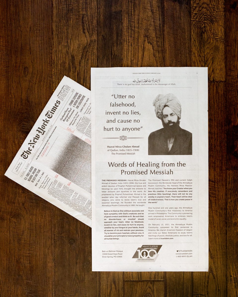 Islaminhawaii's tweet photo. At the completion of our first centennial, Ahmadiyya Muslim Community USA has taken out a full-page ad in the
@nytimes
sharing the #WordsOfHealing of our founder, the Promised Messiah.
We invite all Americans to study his message at https://t.co/rBgMW7VPIA.
#TheMessiahAd https://t.co/5Nw6II7rlQ