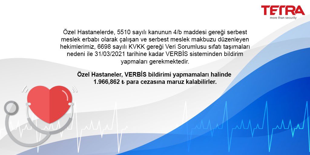 VERBİS bildirimi yapmayan özel hastaneler 1.966,862 ₺ idari para cezasına maruz kalabilirler.

#tetrabilisim #VERBİS #özelhastaneler #hastane #verbiskayıt