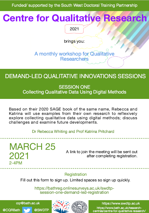 📌We are delighted to open registration for our first <a href="/_SWDTP/">SWDTP</a>-funded Demand-Led Qualitative Innovations Session

Collecting Qualitative Data using Digital Methods
With <a href="/ProfKPritchard/">Professor Katrina Pritchard</a> <a href="/DrRWhiting/">Rebecca Whiting</a> 

Free, virtual, and open to all

Register here: 
bathreg.onlinesurveys.ac.uk/swdtp-session-…