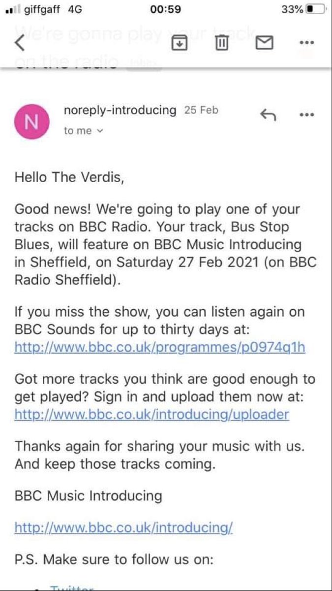 We will be played on <a href="/BBCSheffield/">BBC Sheffield</a> tomorrow!